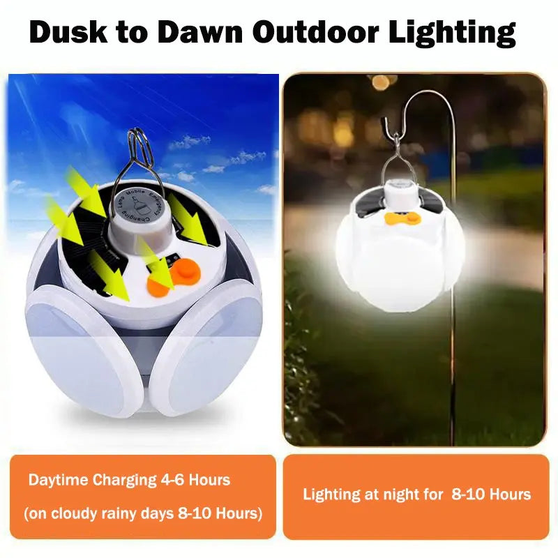 Portable Solar Camping Lantern - Foldable LED Light with Hook, Rechargeable USB Lamp for Home, Office, Tent, Emergency, and Power Outage Lighting