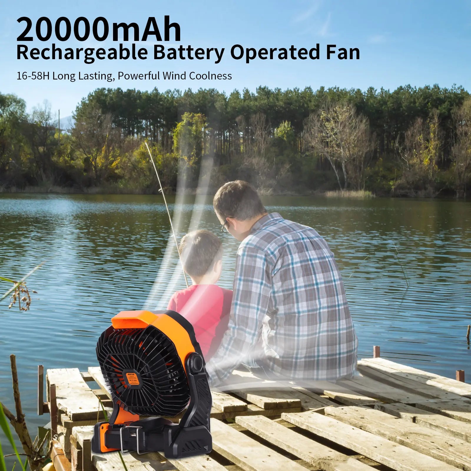 20000Mah Portable Camping Fan - Rechargeable Outdoor Tent Fan with LED Light, USB Port & Hook