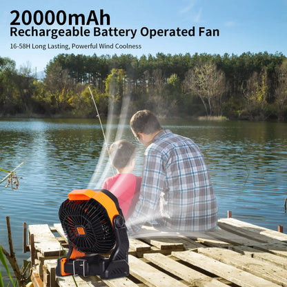 20000Mah Portable Camping Fan - Rechargeable Outdoor Tent Fan with LED Light, USB Port & Hook