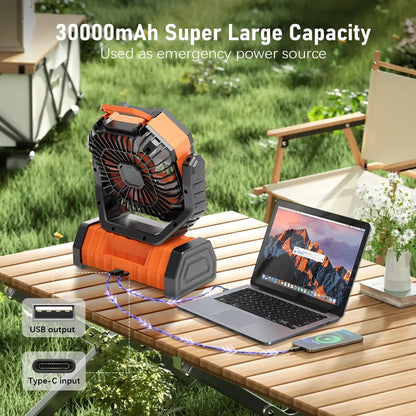 GVDV Camping Fan, Upgraded 30000Mah Portable Battery Operated Outdoor Fan with LED Lights & Remote Control, Personal Rechargeable Desk Fan for Travel, Hiking, Fishing, Picnic, Orange Summerwins