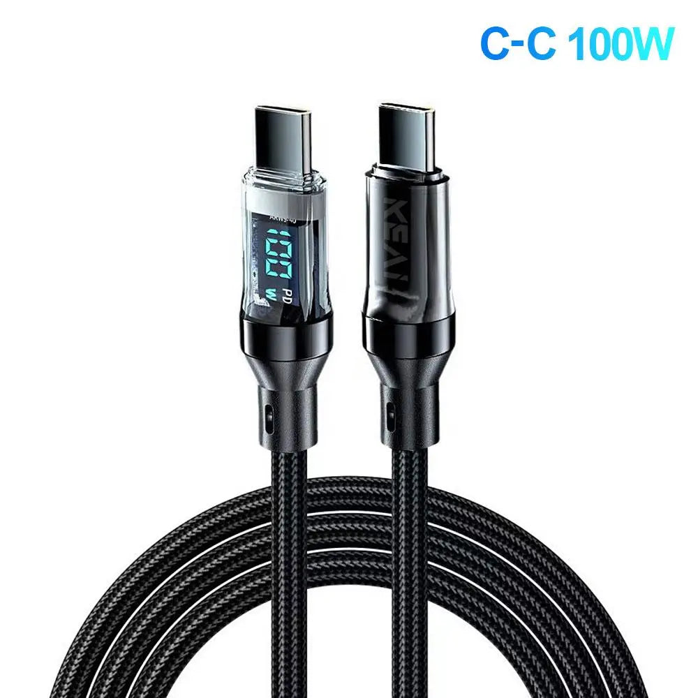 100W PD Fast Charging Type-C Data Cable with Intelligent Digital Display, Durable Nylon Braided Design for iPhone 15 & Android Devices