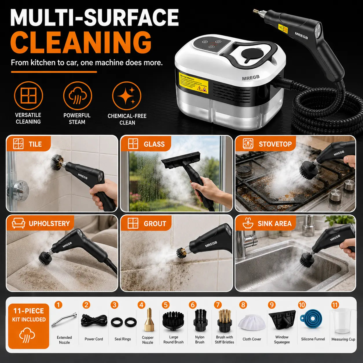 MREGB Handheld Steam Cleaner High-Temperature Pressurized Portable Steamer Fast Heat-Up Deep Cleaning Tool with Accessories for Car Detailing Kitchen Grease Bathroom Tile Floor Multi Surface Home Appliance Wash Equipment Summervibes☀️