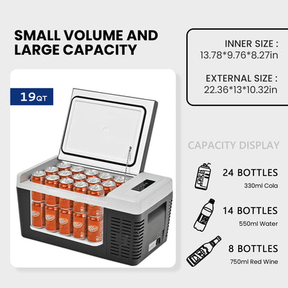 12 Volt 19QT(18L) Portable Car Refrigerator, -4℉~50℉, 12/24V DC & 110-240V AC, Mini Fridge for RV Camping, Travel, Truck, Home, Black