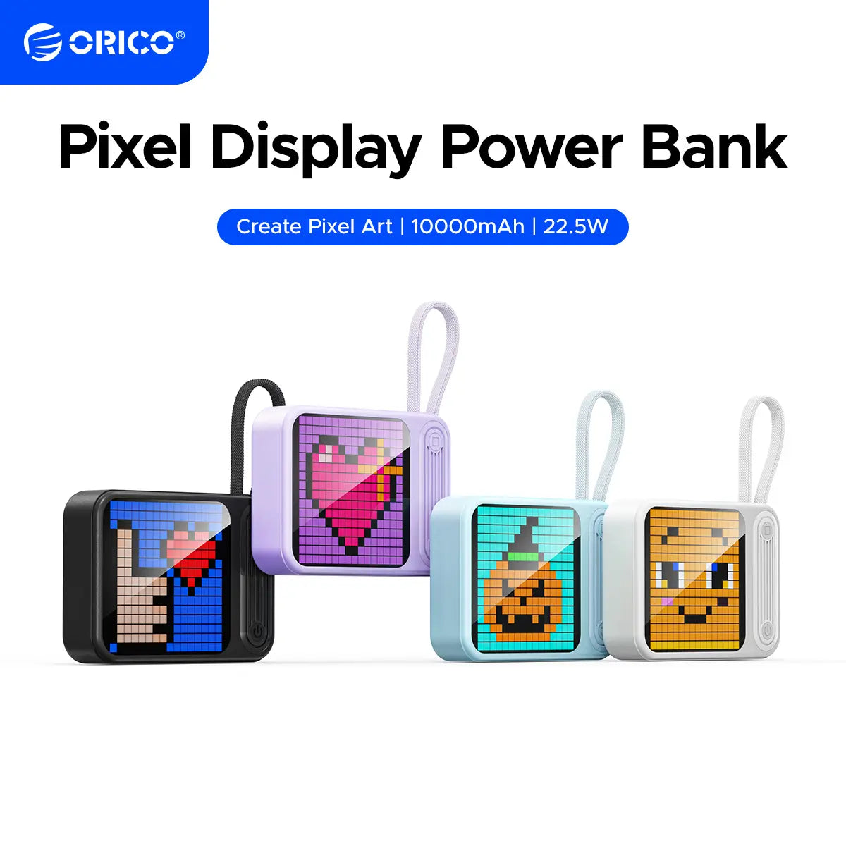 ORICO Mini DIY Pixel Screen Power Bank with Integrated Cable, 25W Fast Charging, and Custom Pixel Art Display – 10000Mah Compact Battery for Iphone & Android-Pc