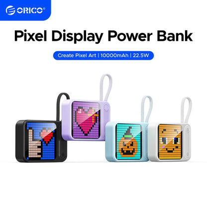 ORICO Mini DIY Pixel Screen Power Bank with Integrated Cable, 25W Fast Charging, and Custom Pixel Art Display – 10000Mah Compact Battery for Iphone & Android-Pc