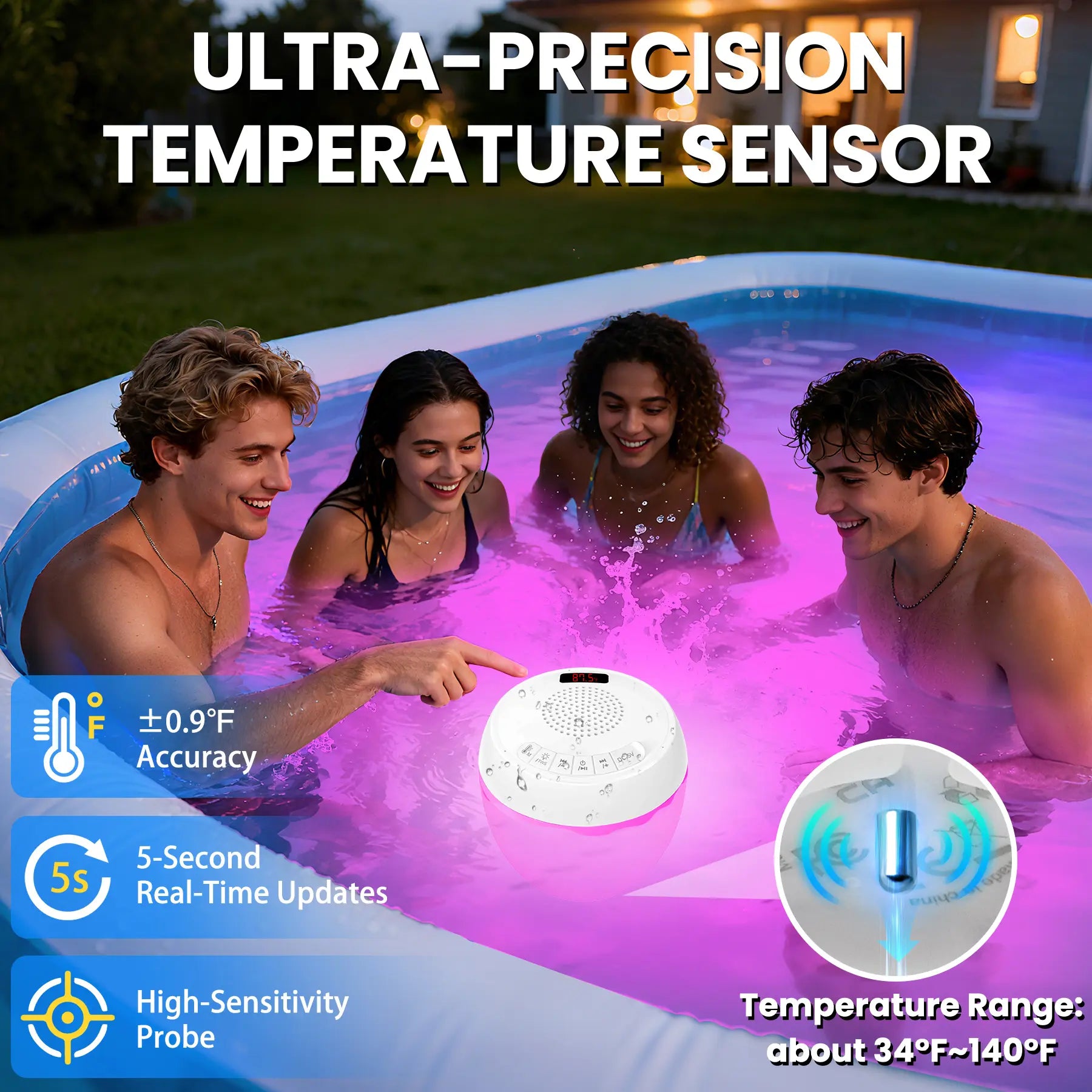 Floating Pool Speaker 3-In-1 with Digital Water Thermometer, IP68 Waterproof TWS Speaker Color LED Lights for Pool Hot Tub Spa, White