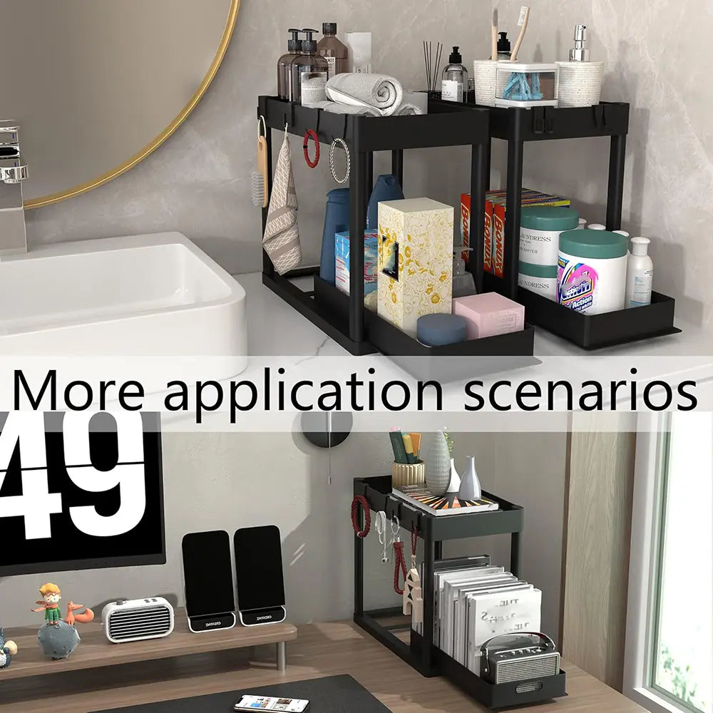 2PC Black 2-Tier Sliding under Sink Organizer Rack with Drawer & 4 Hooks, Multi-Purpose Storage for Bathroom & Kitchen