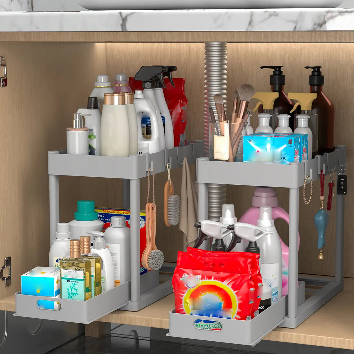 2PC Black 2-Tier Sliding under Sink Organizer Rack with Drawer & 4 Hooks, Multi-Purpose Storage for Bathroom & Kitchen