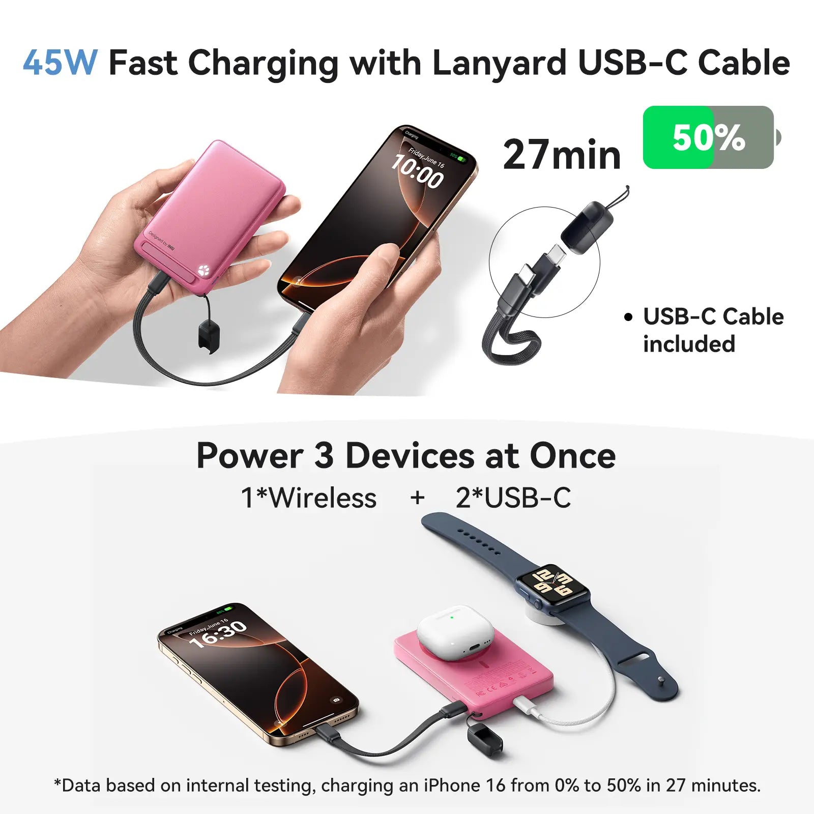 INIU Magfino Qi2 Certified 15W 10000Mah Magnetic Portable Charger with Built-In Foldable Stanｄ, Ultra Slim 45W Fast Charging Power Bank Travel Wireless Metal Battery Pack, Detachable Lanyard USB C Cable Phone Charger for Iphone 17 16 15 14 13 12 Series,Su