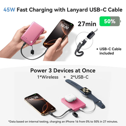 INIU Magfino Qi2 Certified 15W 10000Mah Magnetic Portable Charger with Built-In Foldable Stanｄ, Ultra Slim 45W Fast Charging Power Bank Travel Wireless Metal Battery Pack, Detachable Lanyard USB C Cable Phone Charger for Iphone 17 16 15 14 13 12 Series,Su